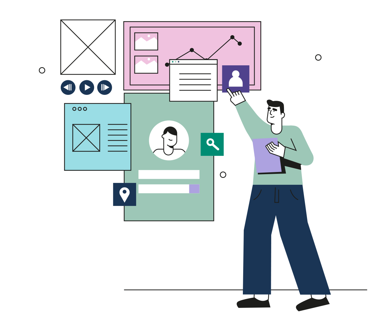 CEO Digital GIF: website wireframes and walking figure illustration